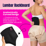 Lumbar backboard support belt shown on a model from the back, with a circular inset showing the black backboard piece and marketing text about anatomically curved design on a bright pink background. 