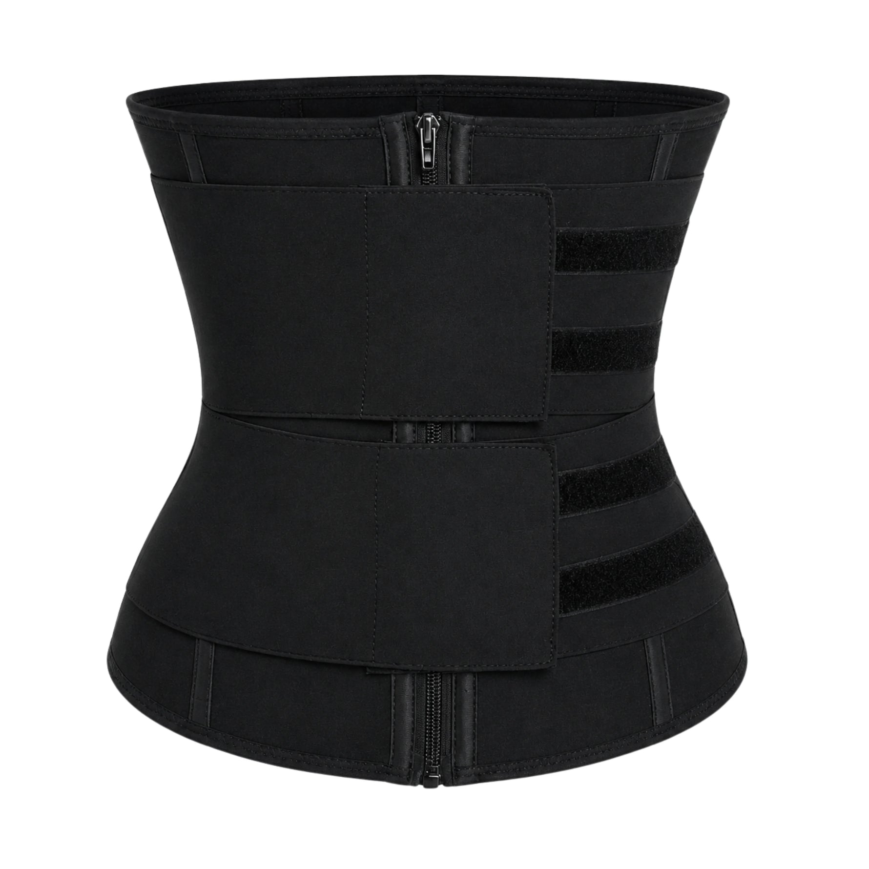 Women's steel boned waist trainer with double belt and dual zipper, black tummy control workout girdle