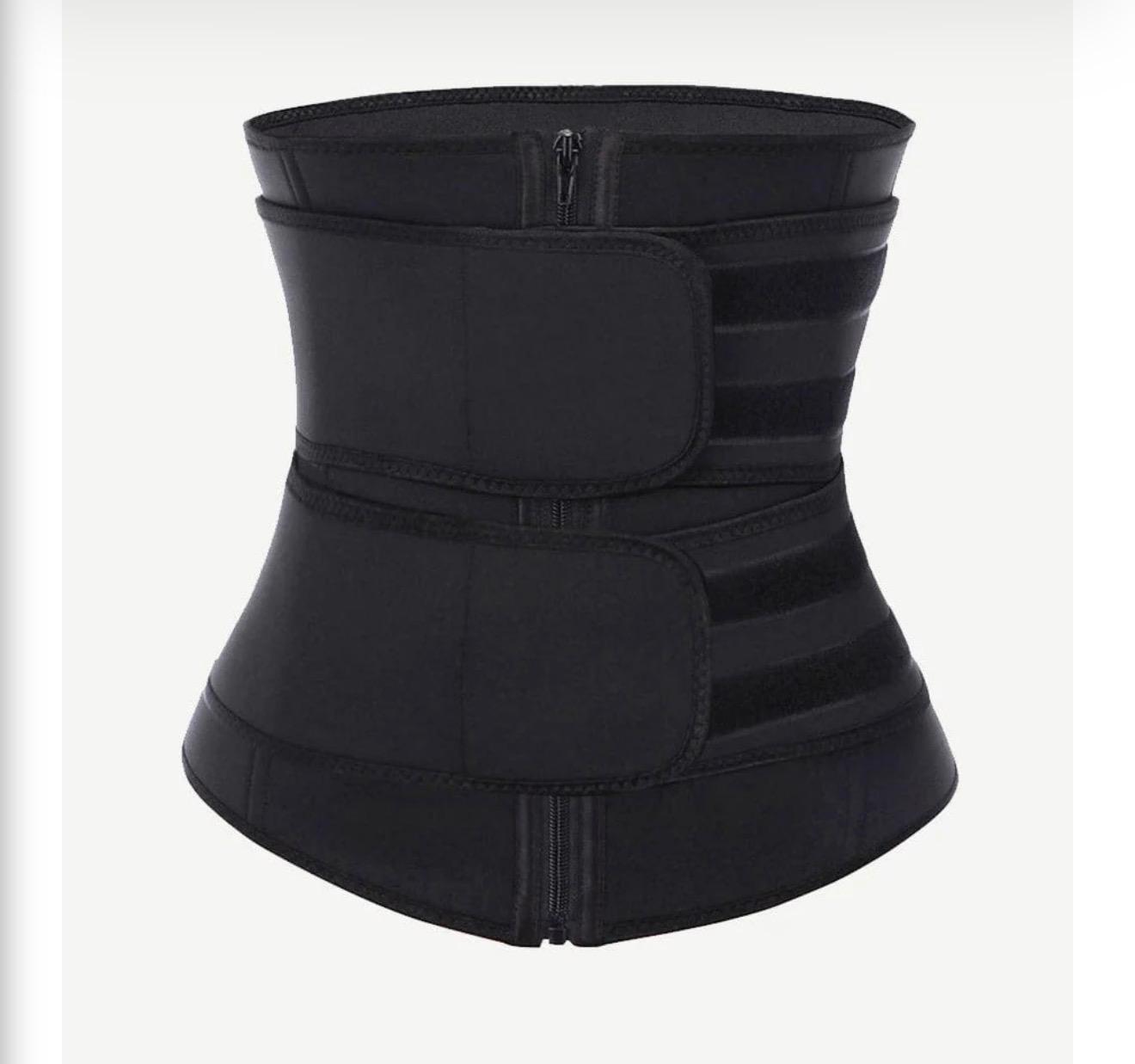 Black women's waist trainer sweat belt with double velcro closure and dual zipper, tummy control
