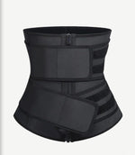 Black women's waist trainer sweat belt with double velcro closure and dual zipper, tummy control