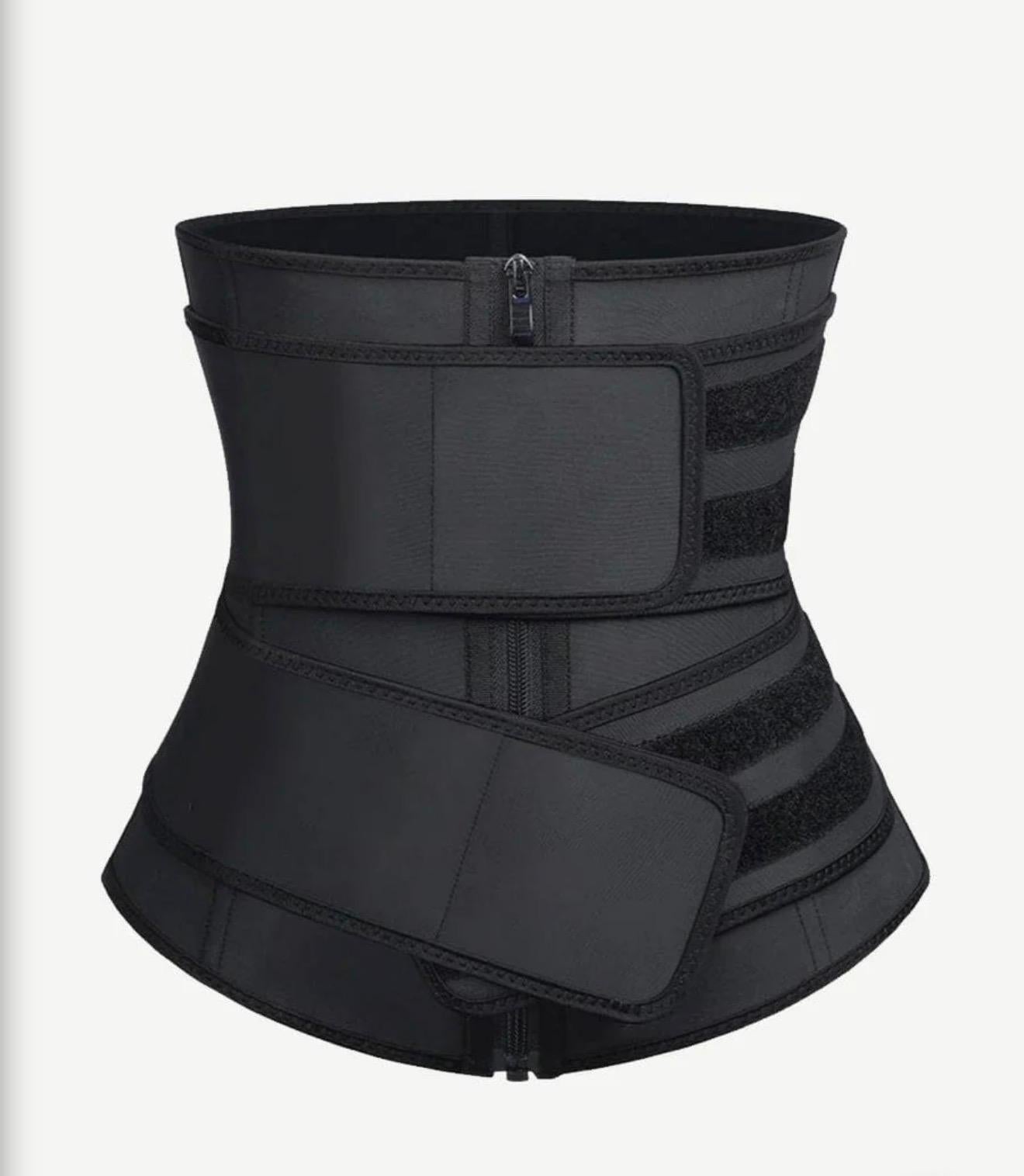 Black women's waist trainer sweat belt with double velcro closure and dual zipper, tummy control