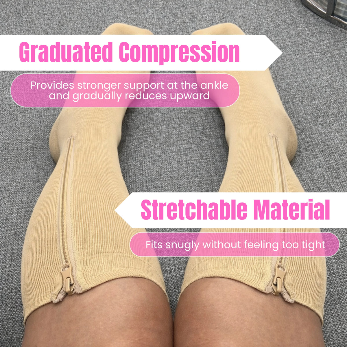 Close-up detail of BBL post-op zipper compression socks beige 