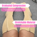Close-up detail of BBL post-op zipper compression socks beige 
