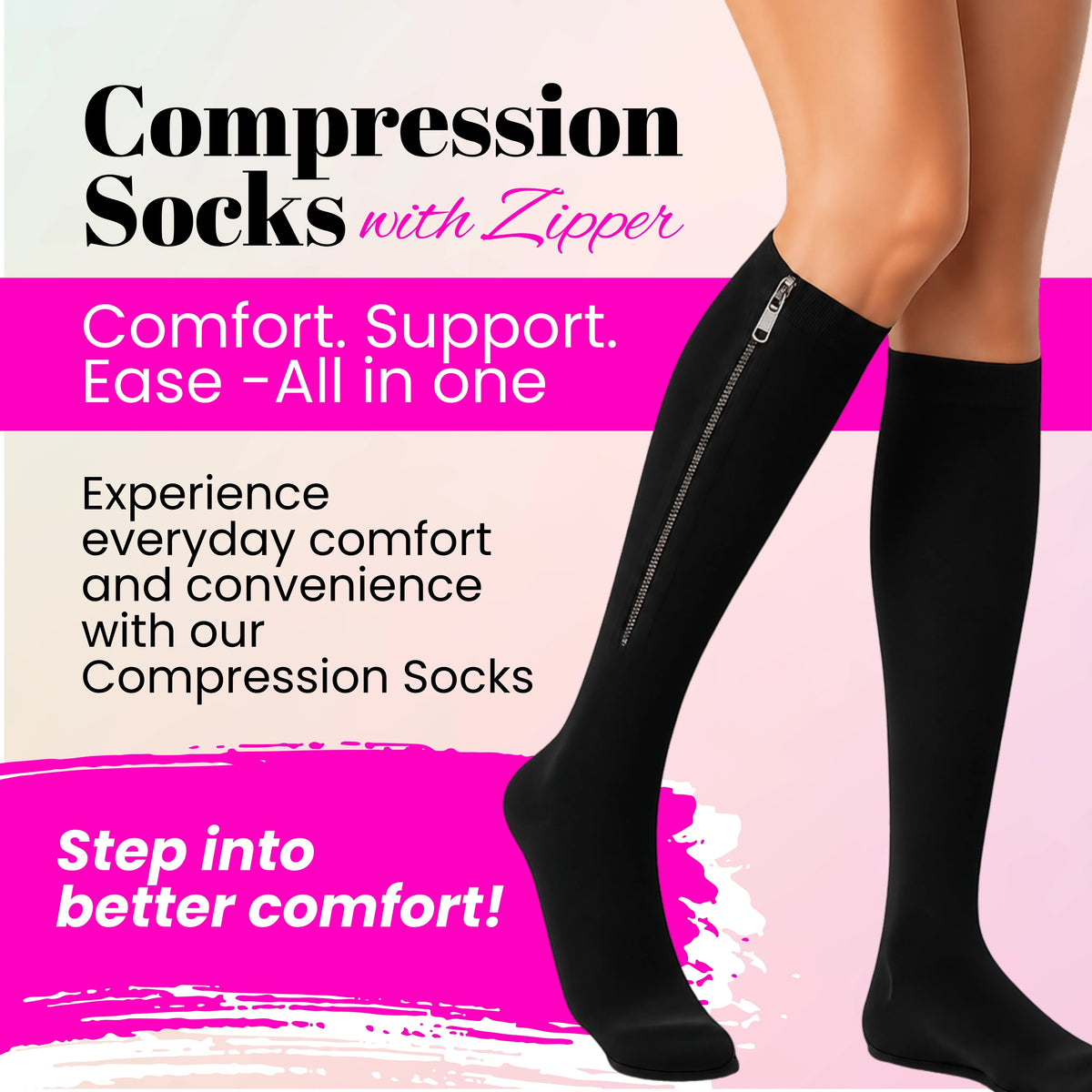 BBL recovery zipper compression stockings black – side view 