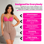 Fajas Colombianas post-surgery body shaper front and side view showing waist, tummy, and thigh sculpting zones