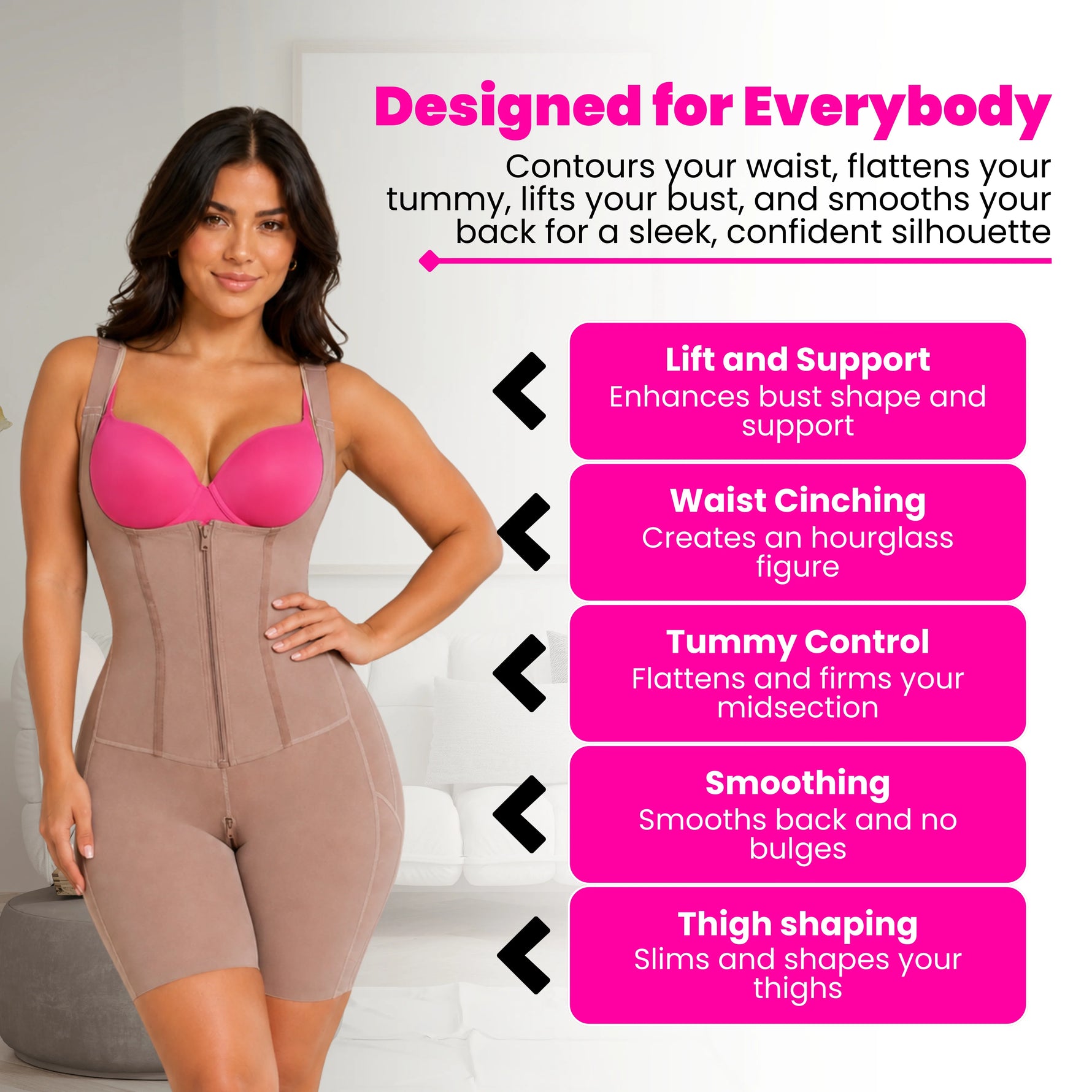 Fajas Colombianas post-surgery body shaper front and side view showing waist, tummy, and thigh sculpting zones