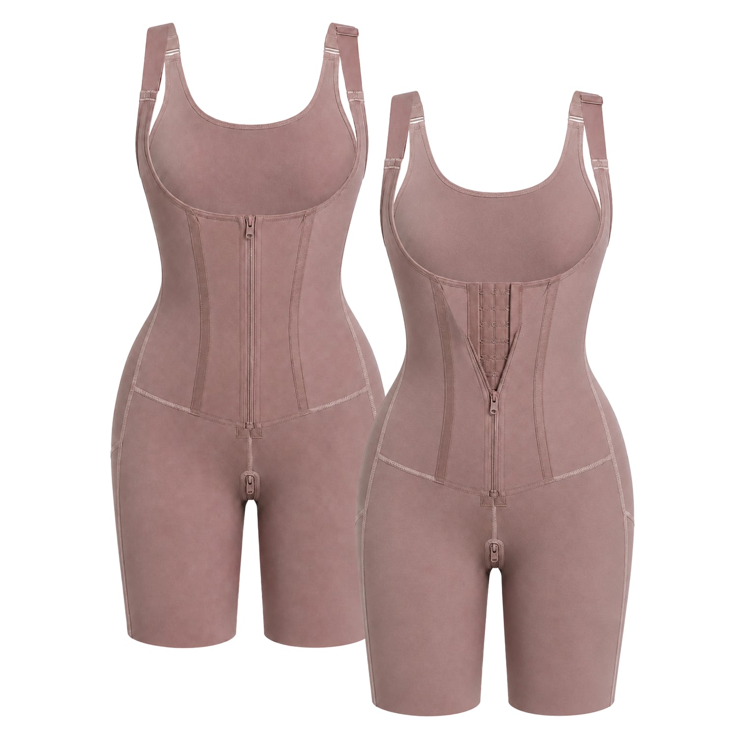 Fajas Colombianas post-surgery compression bodysuit front and back view showing zipper and hook closure