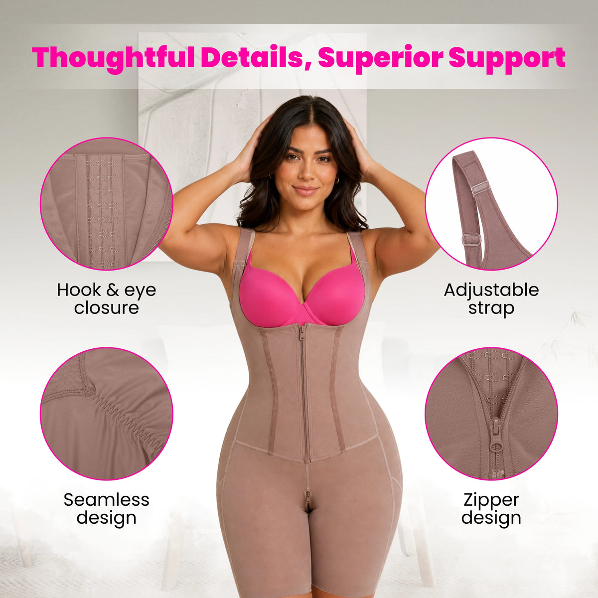 Fajas Colombianas post-surgery bodysuit details – hook and eye closure, adjustable straps, seamless design, and zipper