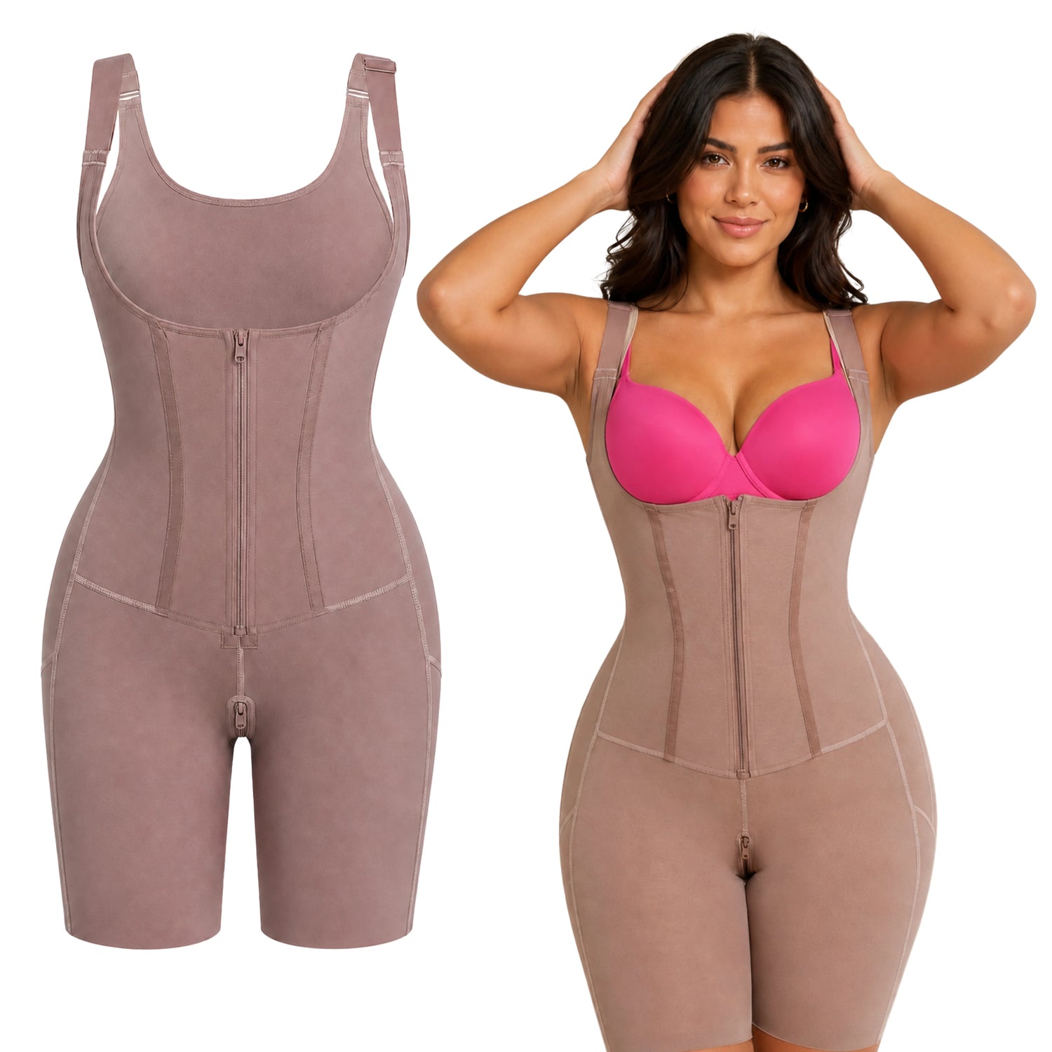 Fajas Colombianas post-surgery full body shaper with open bust and tummy control – front view on model
