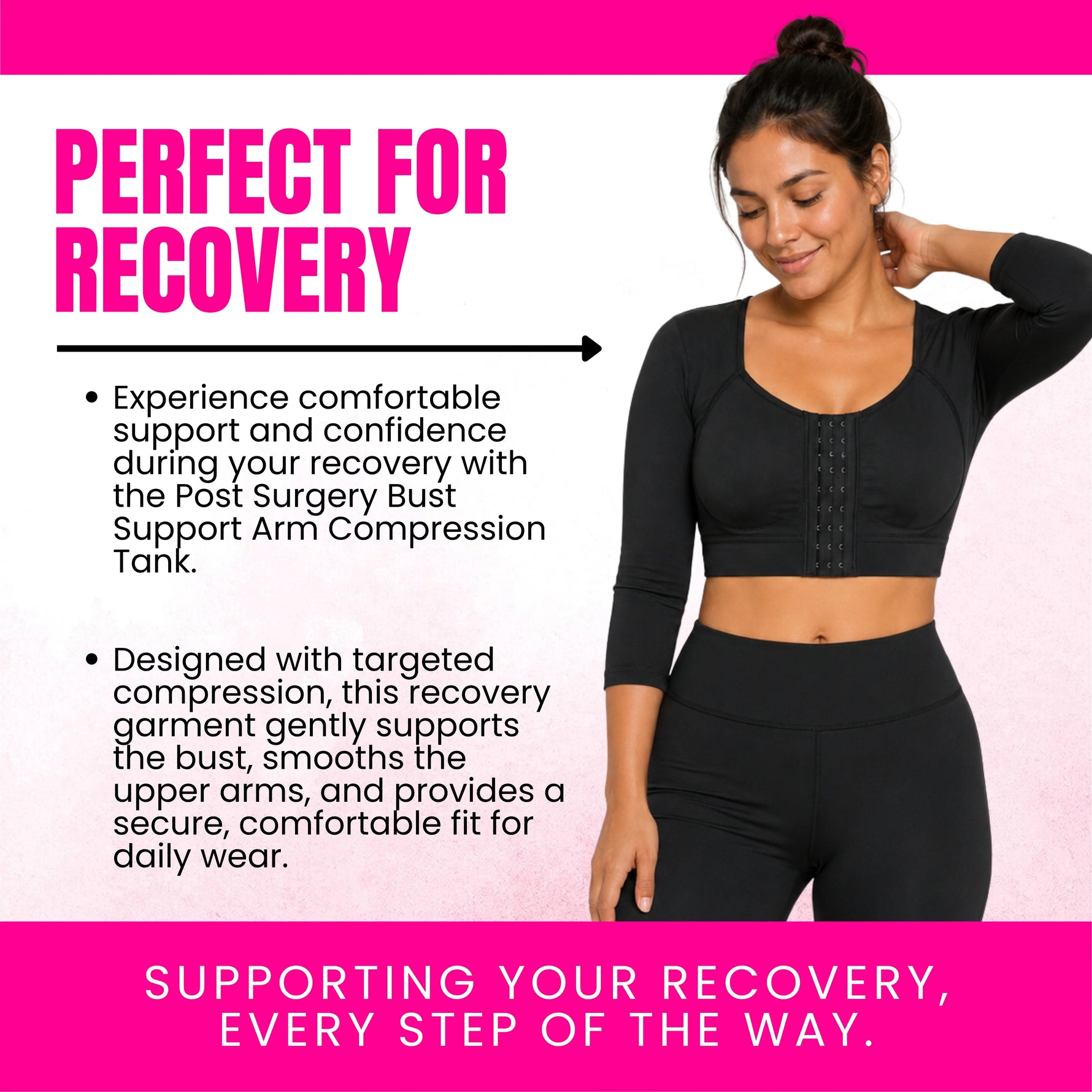 Post-surgery arm compression sleeve and bust support tank available in beige and black – same compression, different colors