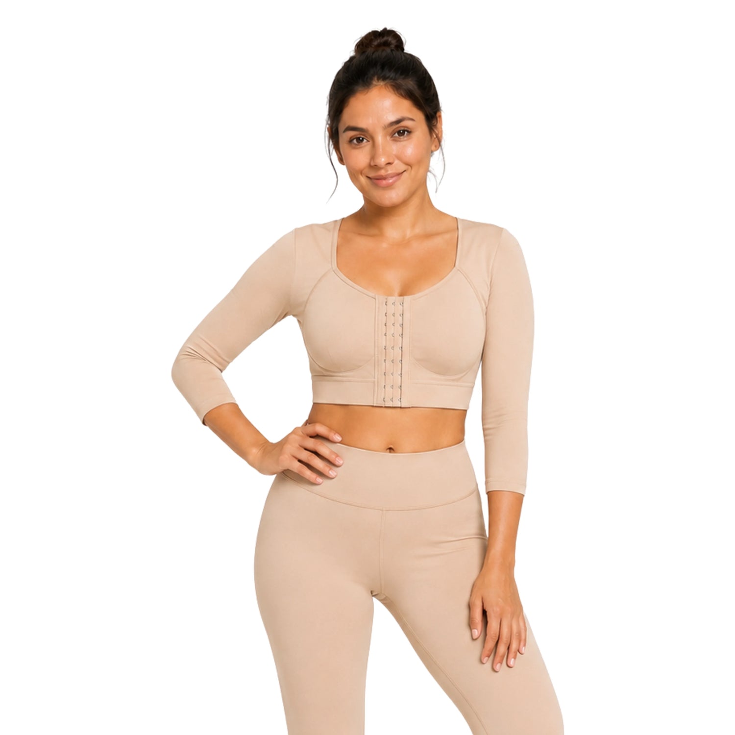 Post-surgery arm compression sleeve and bust support tank in beige – front view on model