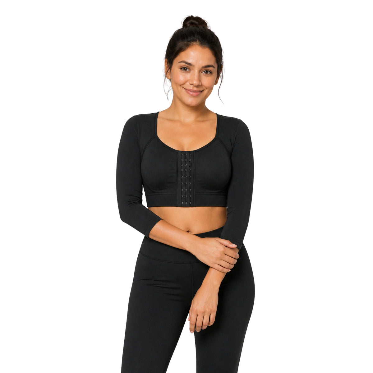 Post-surgery arm compression sleeve and bust support tank in black – front view on model