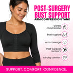 Women's post-surgery arm compression sleeve with bust support – front view showing seamless design