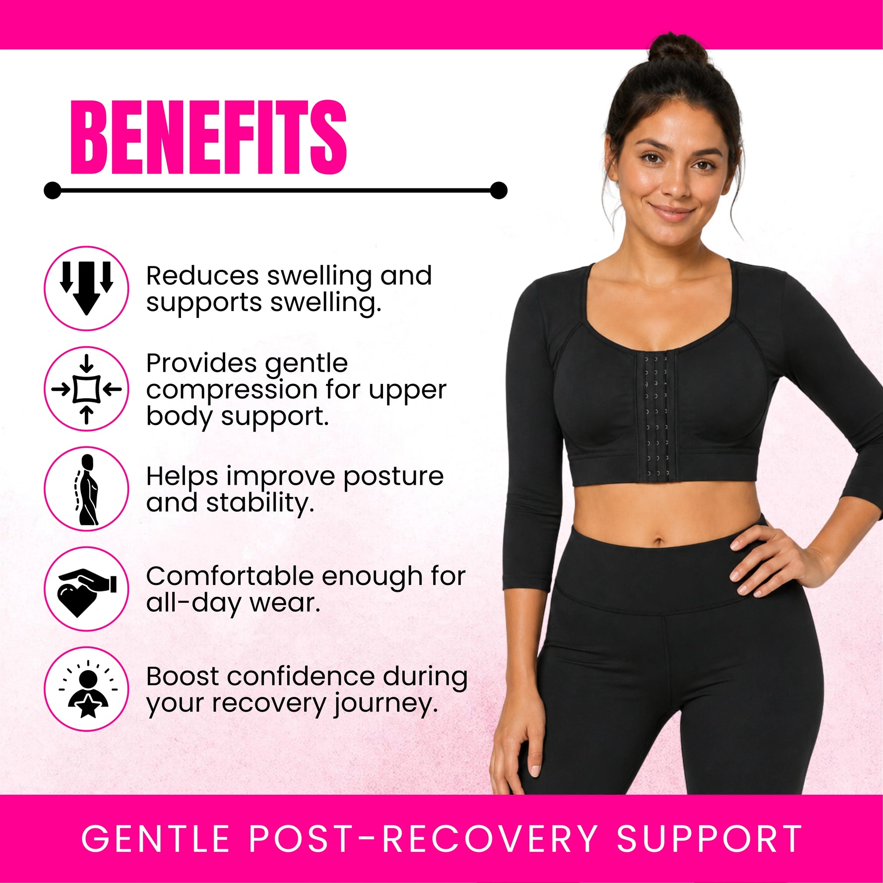 Post-surgery arm compression sleeve features – front hook-and-eye closure, built-in bust support, arm compression, soft breathable fabric
