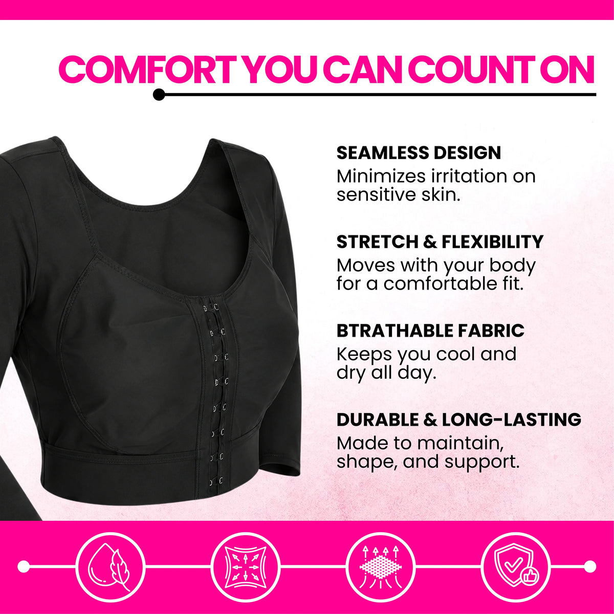 Post-surgery arm compression sleeve with full bust coverage and ¾ length sleeves for targeted arm swelling reduction