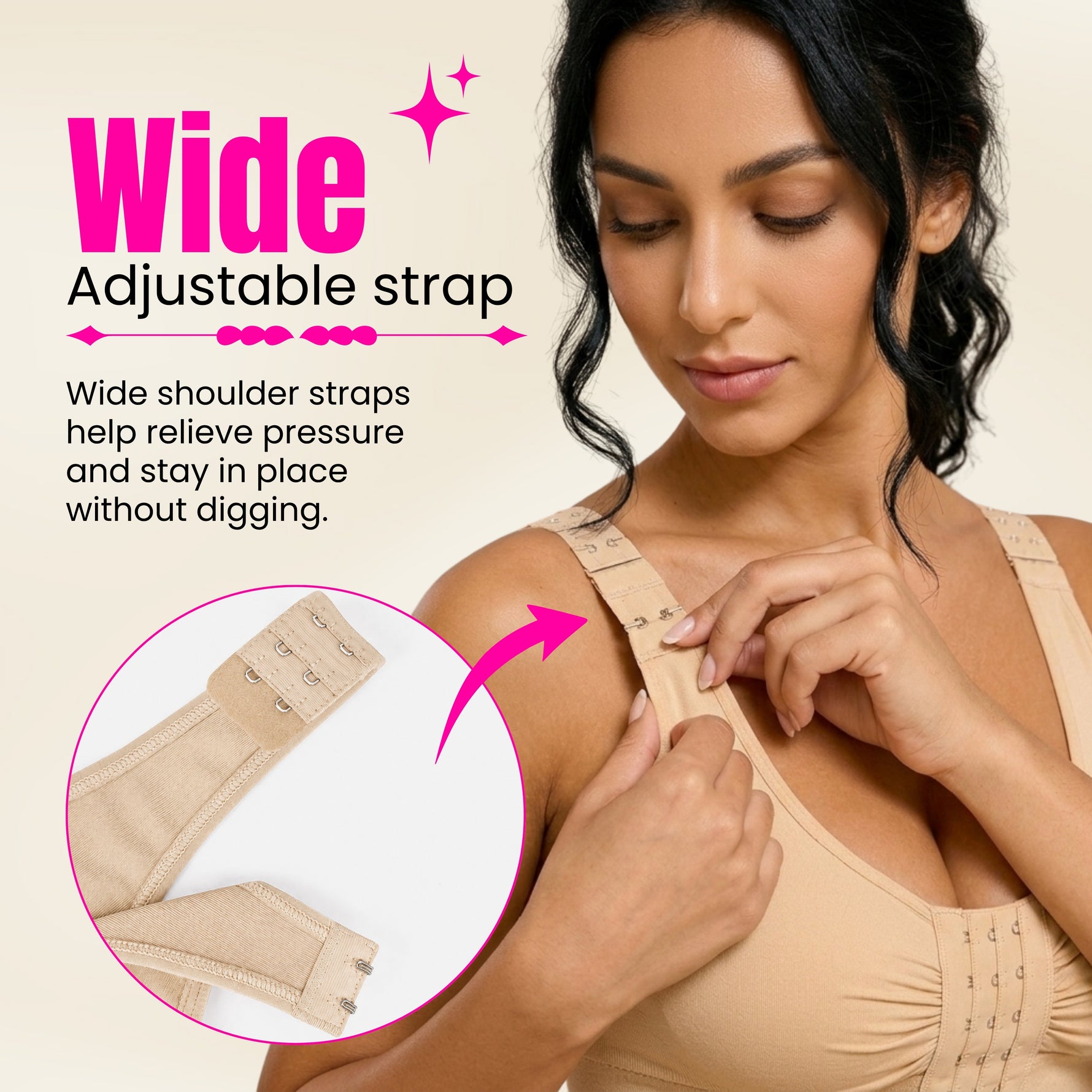 Woman adjusting a beige compression bra with wide adjustable straps on a beige background
