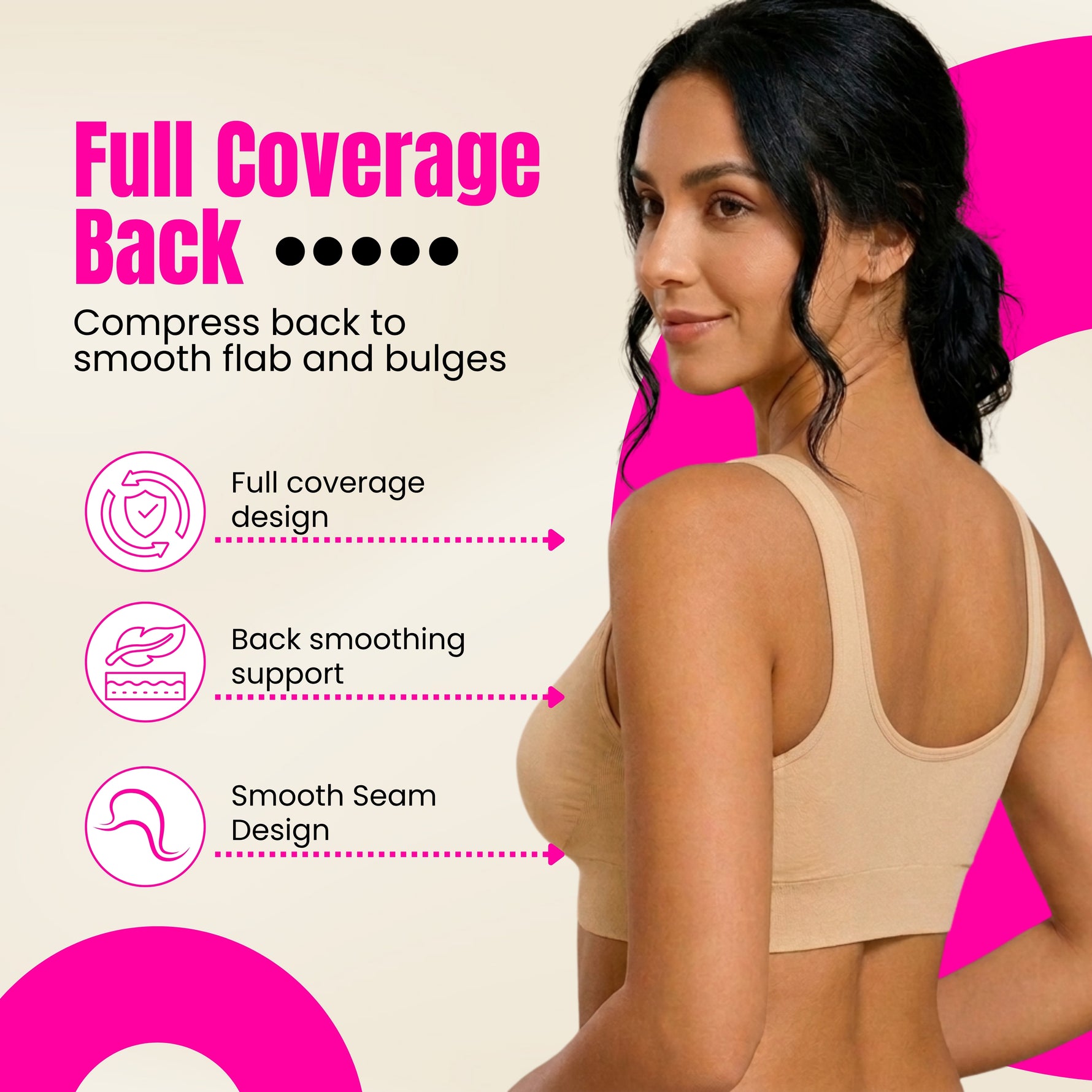 Woman wearing a beige compression bra with text and icons about full coverage back support.