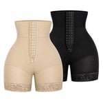 Triple-breasted high waist body shaper shorts with butt lifter and tummy control for women in black-and-beige