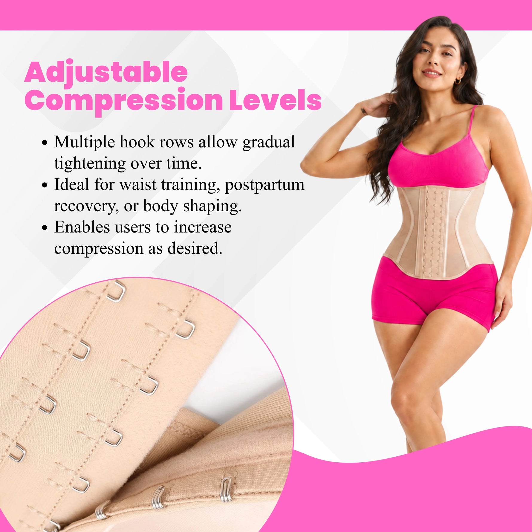 Adjustable compression waist trainer corset faja worn by woman – multiple hook rows for postpartum belly shaping