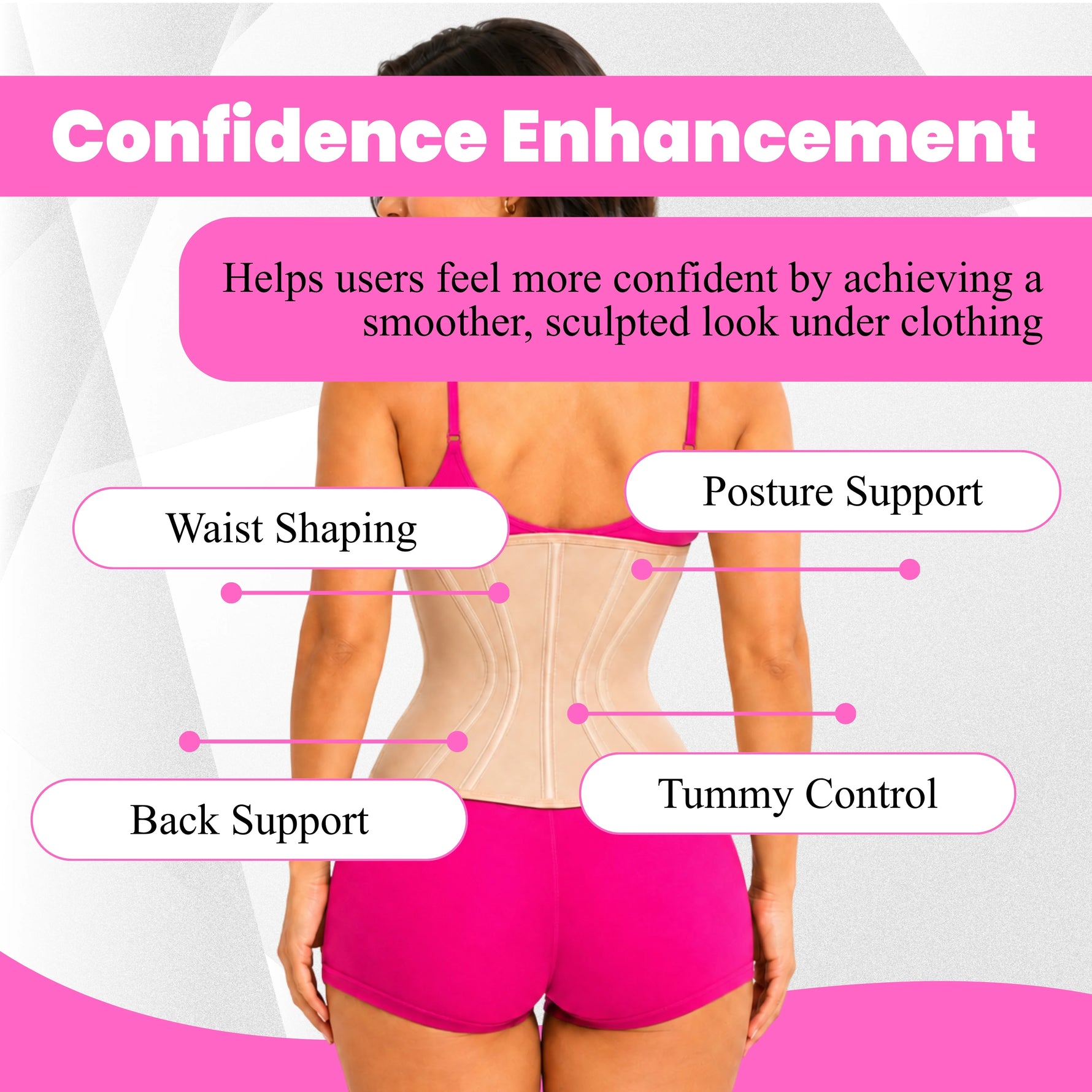 Back view of women's waist trainer corset showing waist shaping, posture support, tummy control, and back support