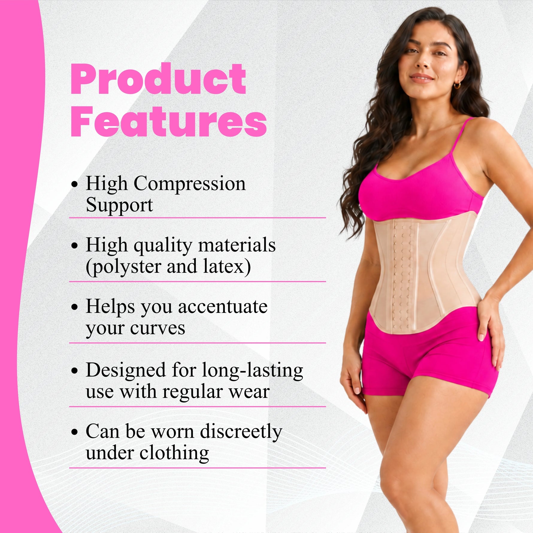 Women's waist trainer corset faja product features – high compression, polyester and latex, body shaper worn under clothing