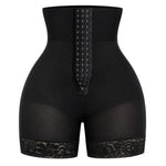 Women's high waist butt lifter shapewear shorts in black with triple hook-and-eye closure and lace hem