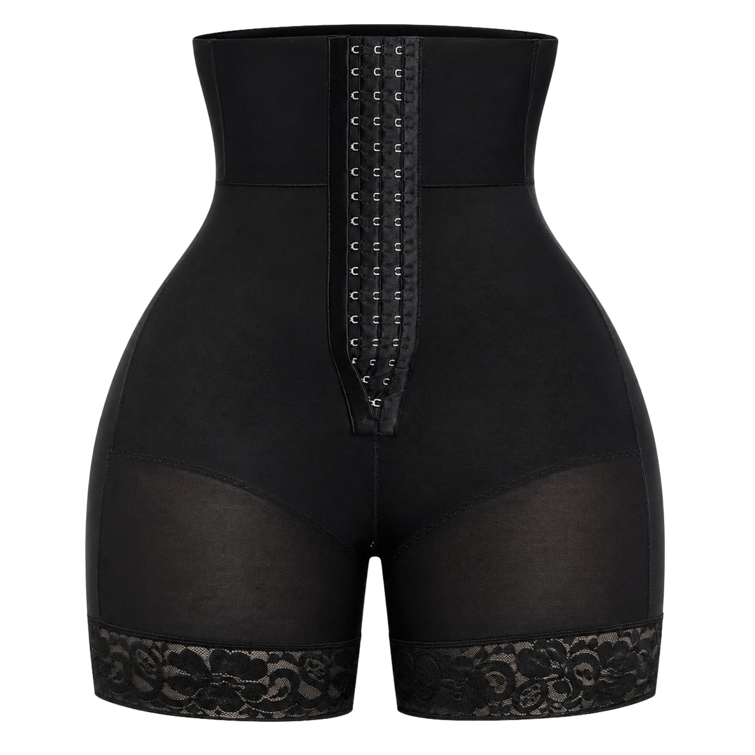 Women's high waist butt lifter shapewear shorts in black with triple hook-and-eye closure and lace hem