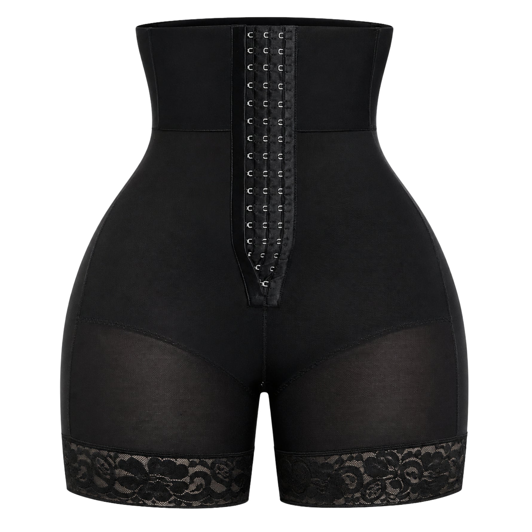 Women's high waist butt lifter shapewear shorts in black with triple hook-and-eye closure and lace hem