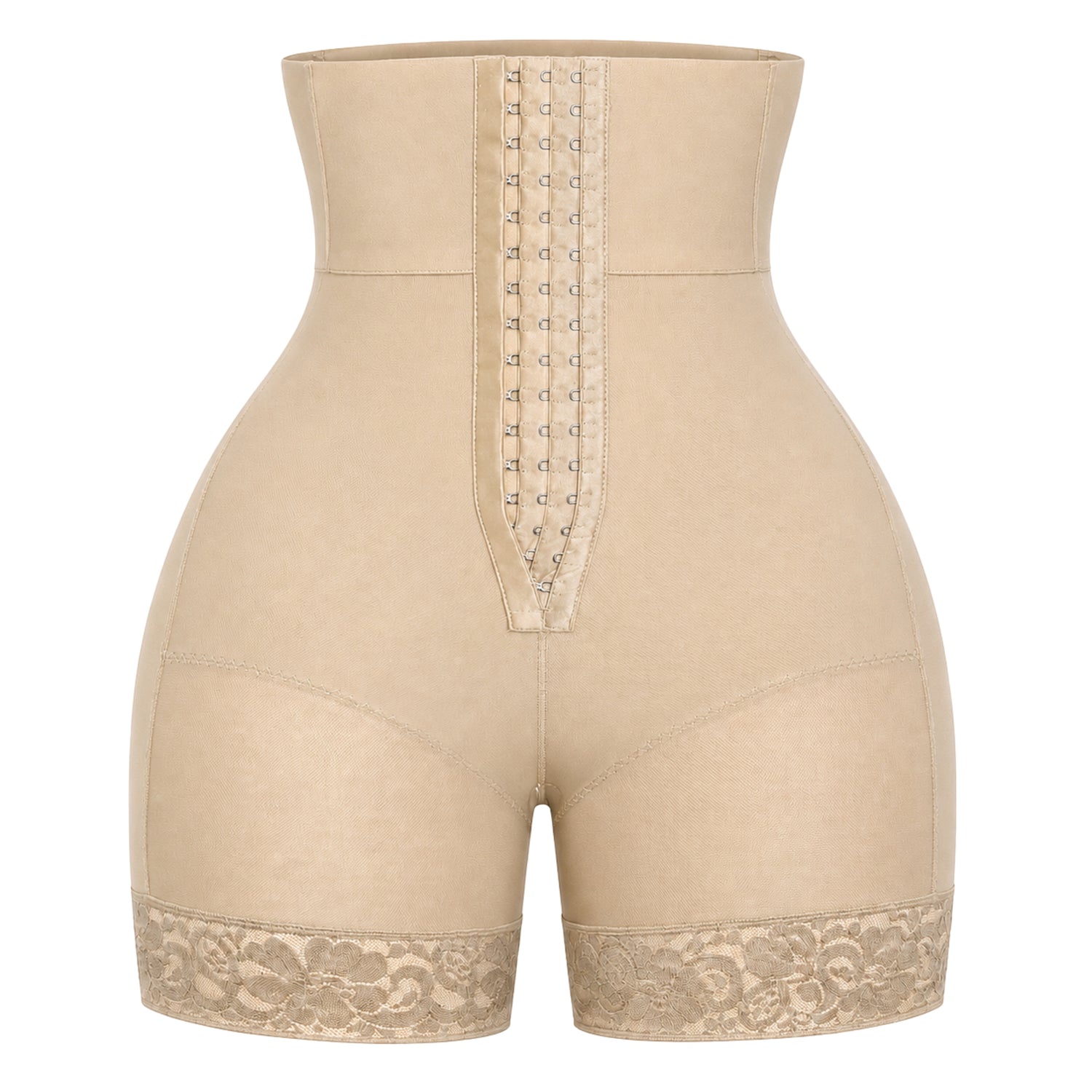 Black high waist body shaper shorts with triple-breasted front closure for tummy control and butt lifting