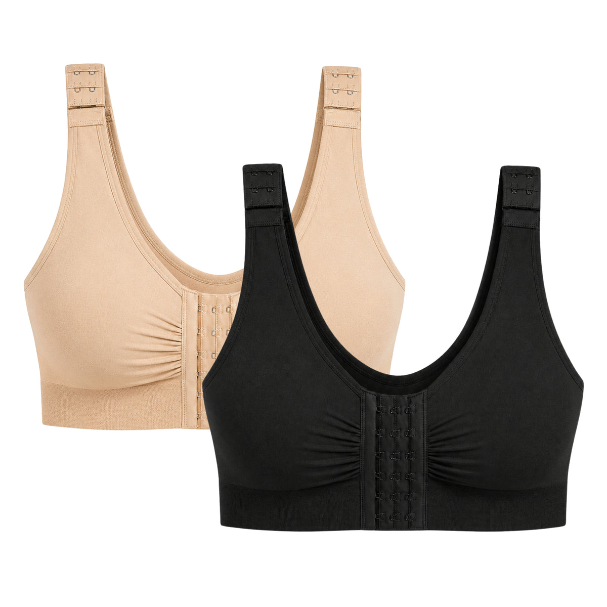 Black and beige compression bras on a white background