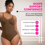 Women's seamless V-neck tummy control bodysuit shapewear infographics lifestyle view