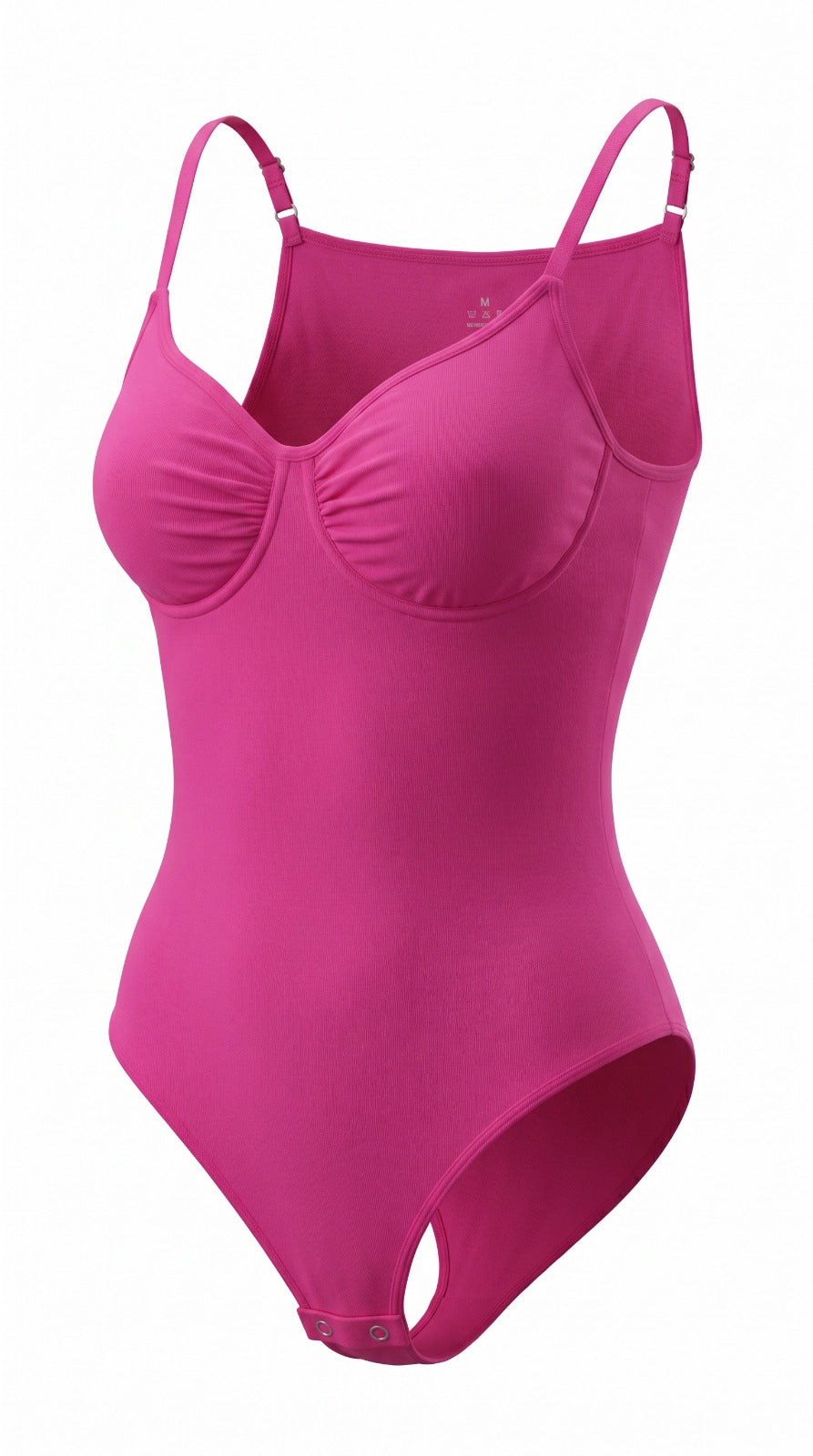 Women's seamless V-neck shapewear bodysuit in hot pink with adjustable straps and snap closure