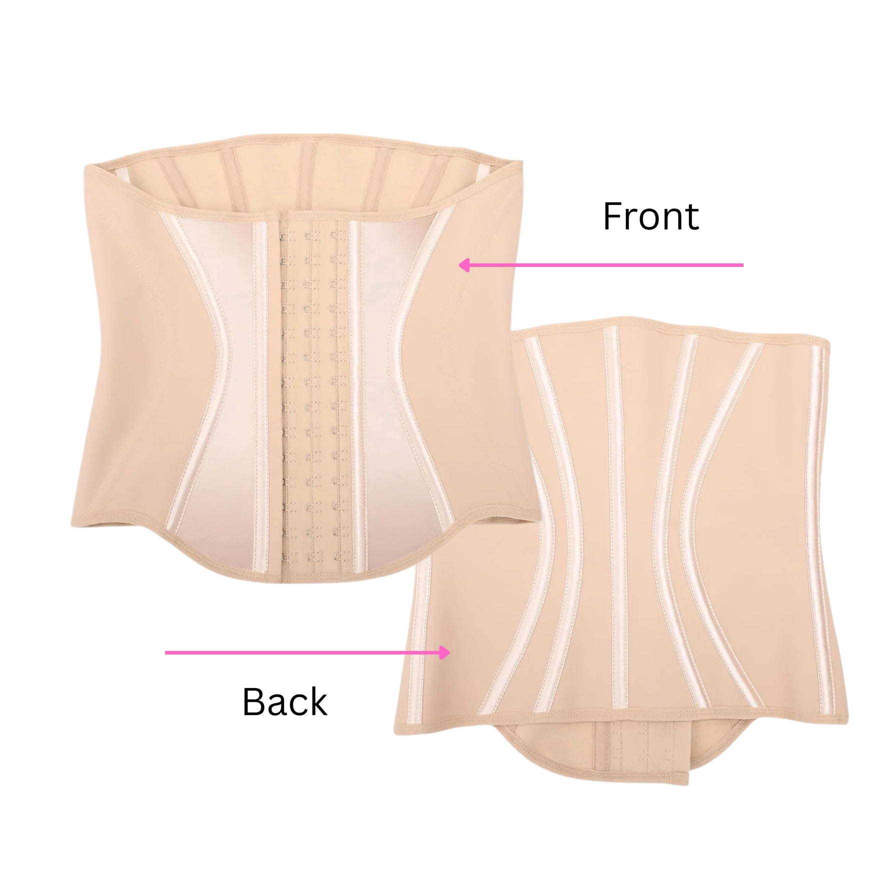 Women's waist trainer corset faja front and back view in beige – postpartum belly band body shaper