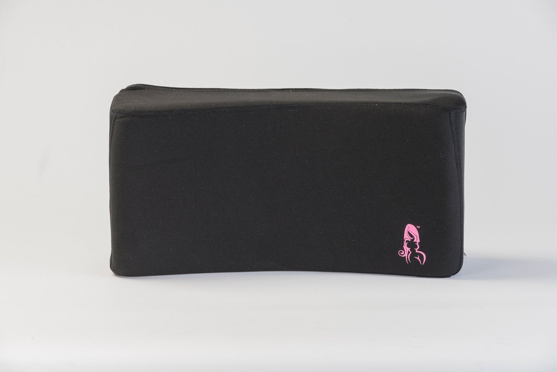 BBL Back Support Pillow Front View – Black Foam Lumbar Cushion with Bombshell Logo for Post-Surgery Use
