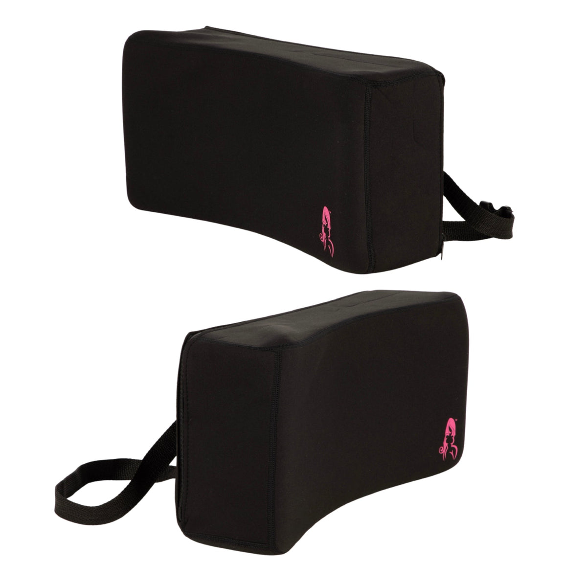 BBL Lumbar Backrest Cushion – Two Angles Showing Adjustable Strap and Ergonomic Foam Shape